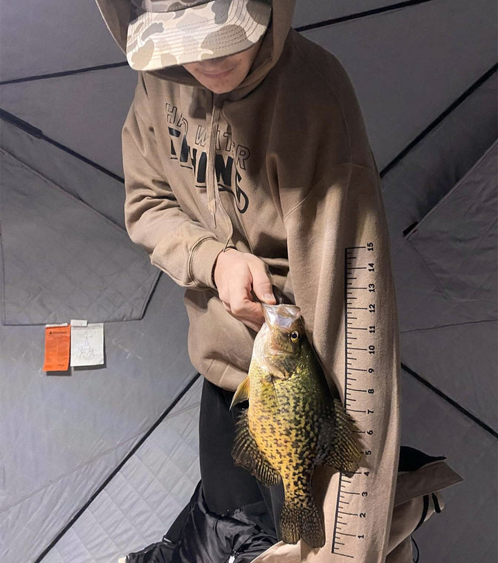 Fishing hoodie with ruler on the sleeve to measure fish